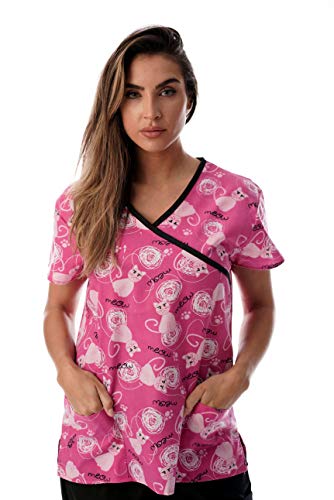 Women's Scrub Tops, Pink Cat Meow Black Trim