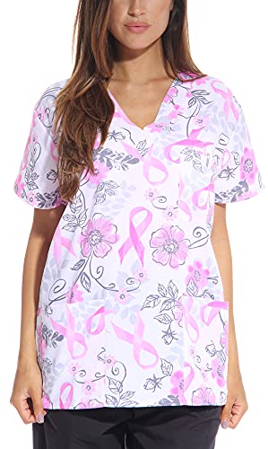 Women's Scrub Tops, Ribbon Print 3