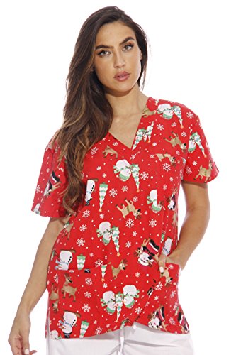 Women's Scrub Tops, Santa Reindeer