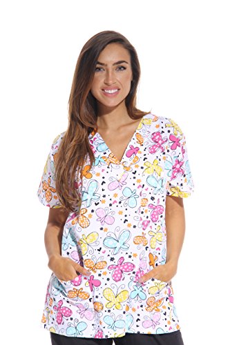 Women's Scrub Tops Scrubs, White Butterfly