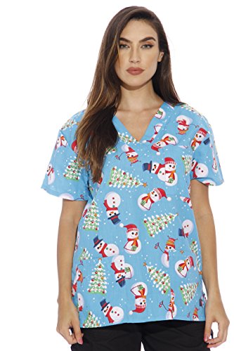 Women's Scrub Tops, Snowman With Christmas Tree