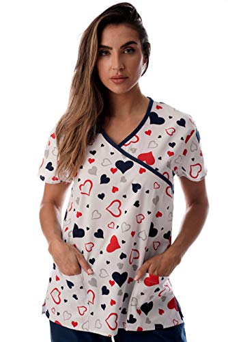 Women's Scrub Tops, White Hearts With Blue Trim