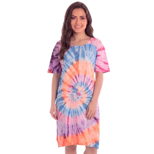 Women's Tie Dye Nightgown, 100% Cotton, Tie Dye Colorful Swirl