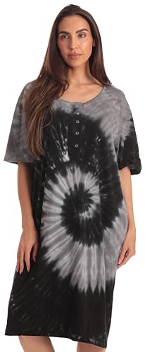 Women's Tie Dye Nightgown, 100% Cotton Short Sleeve, Black