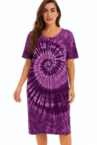 Women's Tie Dye Nightgown, 100% Cotton Short Sleeve, Purple