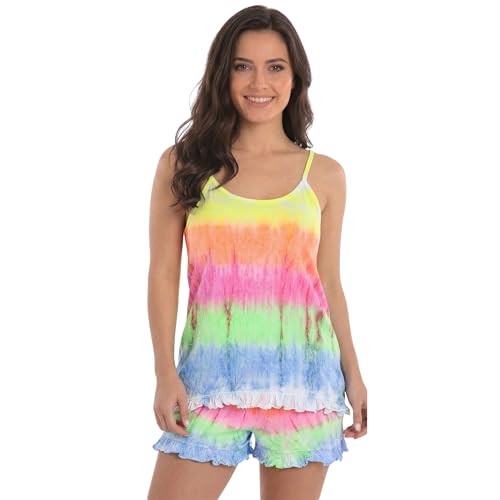 Women's Tie Dye Pajama Short Set, 100% Cotton, Tie Dye Rainbow