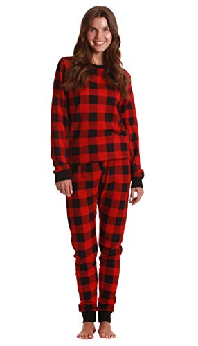 Women's Tie Dye Two Piece Thermal Pajama Set, Buffalo Plaid Red