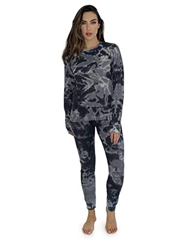 Women's Tie Dye Two Piece Thermal Pajama Set, Tie Dye Black