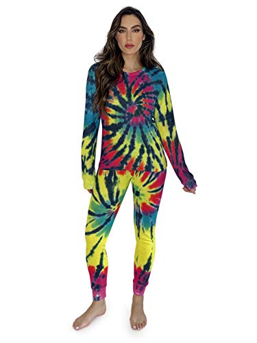 Women's Tie Dye Two Piece Thermal, Tie Dye Blues With Brights
