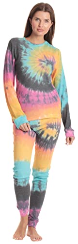Women's Tie Dye Two Piece Thermal Pajama, Tie Dye Bright Blue
