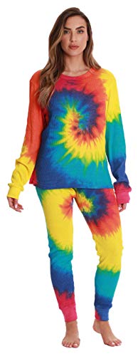 Women's Tie Dye Two Piece Thermal Pajama Set, Tie Dye Bright