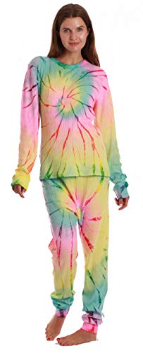 Women's Tie Dye Two Piece Thermal Pajama Set, Tie Dye Burnout
