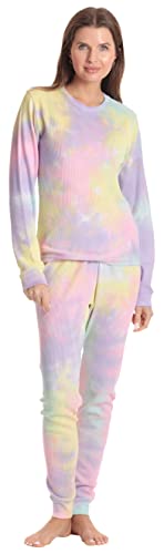 Women's Tie Dye Two Piece Thermal Pajama, Tie Dye Multi Purple