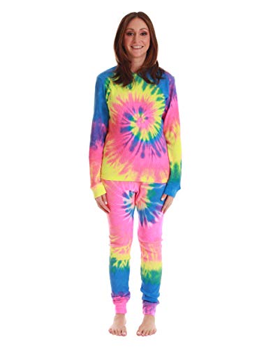 Women's Tie Dye Two Piece Thermal Pajama Set, Tie Dye Neon