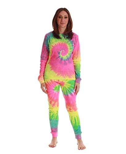 Women's Tie Dye Two Piece Thermal Pajama Set, Tie Dye Neon Swirl