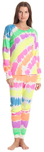Women's Tie Dye Two Piece Thermal Pajama Set, Tie Dye Neon White