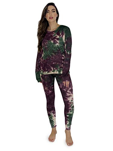 Women's Tie Dye Two Piece Thermal Pajama Set, Tie Dye Olive Rust