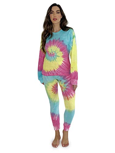 Women's Tie Dye Two Piece Thermal Pajama, Tie Dye Pastel Swirl