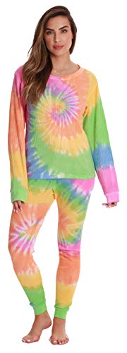 Women's Tie Dye Two Piece Thermal Pajama Set, Tie Dye Pastel