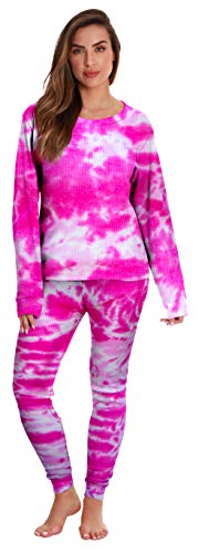 Women's Tie Dye Two Piece Thermal Pajama Set, Tie Dye Pink
