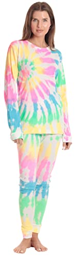Women's Tie Dye Two Piece Thermal Pajama Set, Tie Dye White