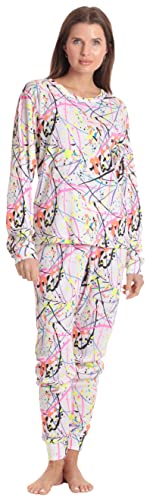 Women's Tie Dye Two Piece Thermal Pajama Set, White - Splatter