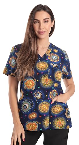Women's V-Neck Printed Scrub Top, Blue Sun Stretch Fabric