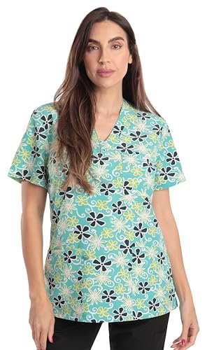 Women's V-Neck Printed Scrub Top, Green Flower Stretch Fabric