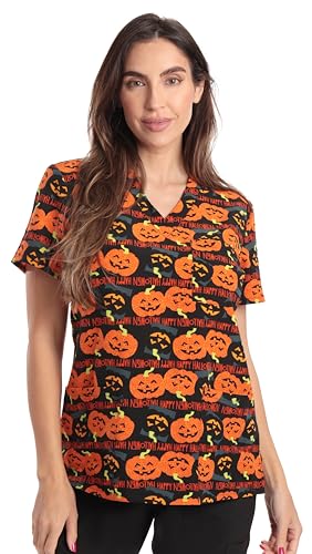 Women's V-Neck Printed Scrub, Halloween Pumpkin Stretch Fabric
