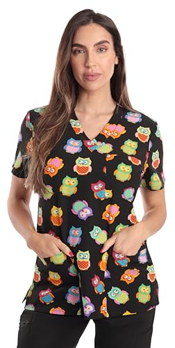 Women's V-Neck Printed Scrub Top, Multi Owl Stretch Fabric