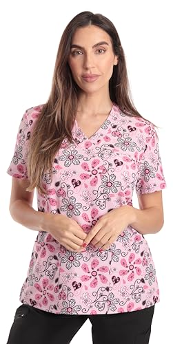 Women's V-Neck Printed Scrub Top, Pink Flower Stretch Fabric