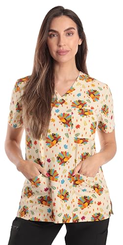 Women's V-Neck Printed, Thanksgiving Turkey Stretch Fabric