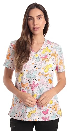 Women's V-Neck Printed Scrub Top, White Butterfly Stretch Fabric