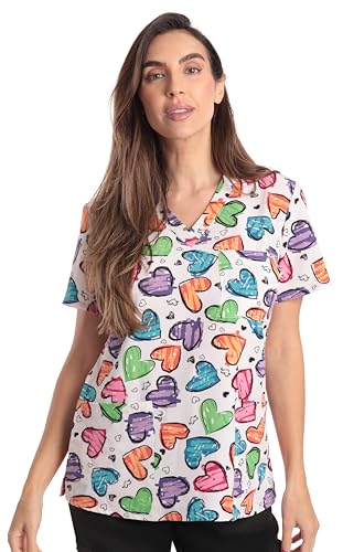 Women's V-Neck Printed Scrub Top, White Heart Stretch Fabric