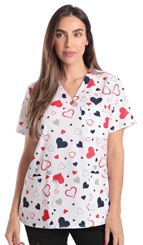 Women's V-Neck Printed, White Red Blue Heart Stretch Fabric