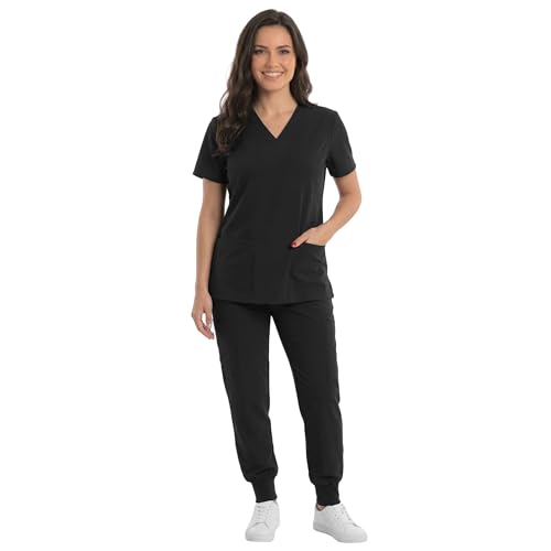 Women's V-Neck Scrub Set, Black Stretch Fabric