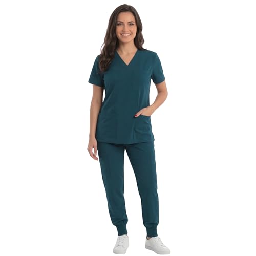 Women's V-Neck Scrub Set, Carribean Blue Stretch Fabric