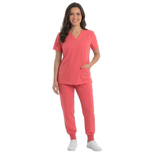 Women's V-Neck Scrub Set, Coral Stretch Fabric