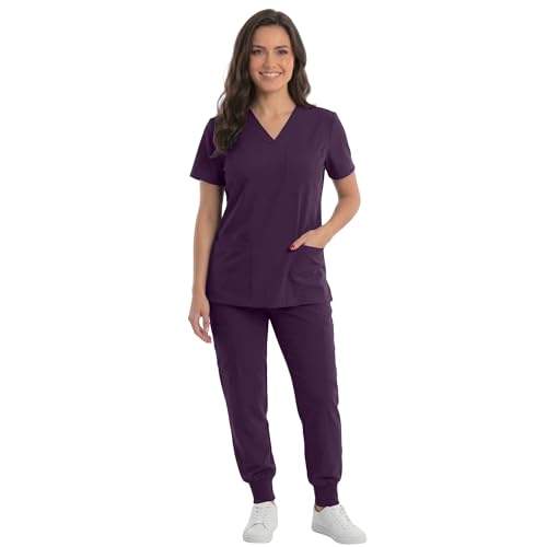 Women's V-Neck Scrub Set, Eggplant Stretch Fabric