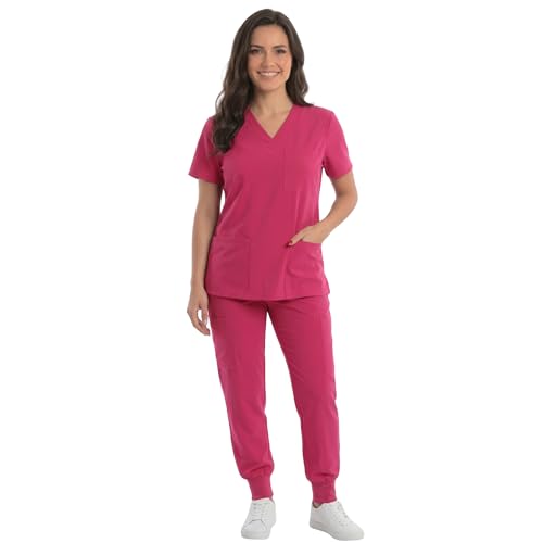 Women's V-Neck Scrub Set, Fuchsia Stretch Fabric
