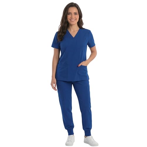 Women's V-Neck Scrub Set, Galaxy Blue Stretch Fabric