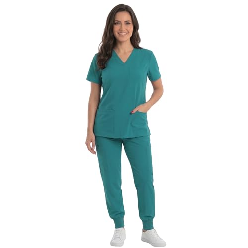 Women's V-Neck Scrub Set, Jade Stretch Fabric