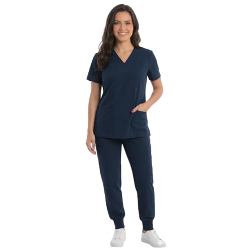Women's V-Neck Scrub Set, Navy Stretch Fabric