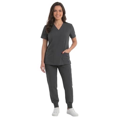 Women's V-Neck Scrub Set, Olive Stretch Fabric