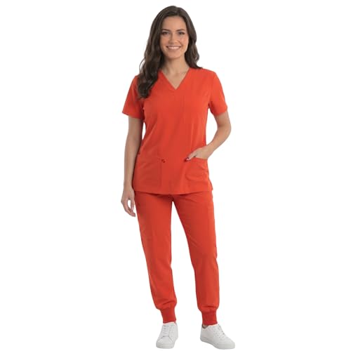 Women's V-Neck Scrub Set, Orange Stretch Fabric