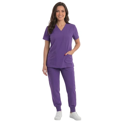 Women's V-Neck Scrub Set, Purple Stretch Fabric