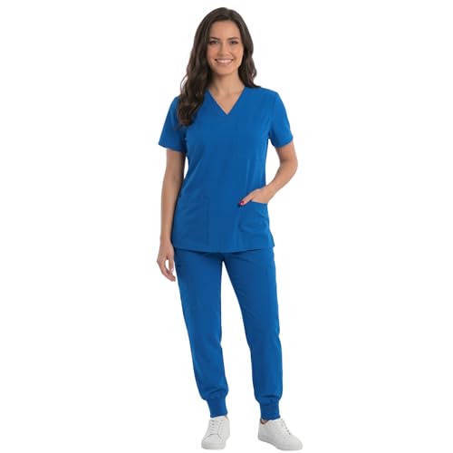 Women's V-Neck Scrub Set, Royal Stretch Fabric