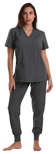 Women's V-Neck Scrub Set, Steel Gray Stretch Fabric