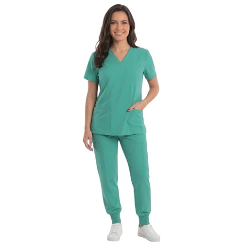 Women's V-Neck Scrub Set, Teal Stretch Fabric