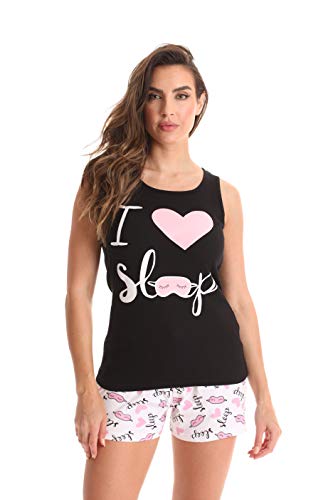 Women Sleepwear Short Sets Woman, Black - I Love Sleep Mask